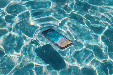 Smartphone floating in pool concept: Smartphone floats effortlessly on water surface, displaying its water resistance, it seems relaxed and carefree