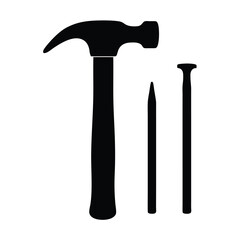 Silhouette illustration of a hammer and two nails on a white background