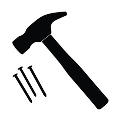 Black silhouette of a hammer and nails ready for a construction project