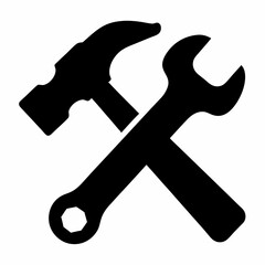 Black and white illustration of crossed hammer and wrench tools for repairs