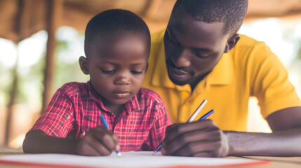 A teacher assisting a young boy with his writing lesson.