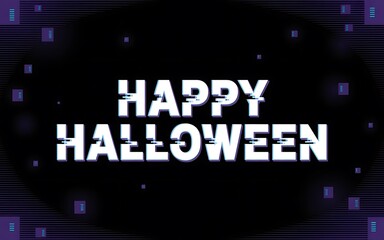 Happy Halloween text with glitch effect on a dark background with digital squares lettering font