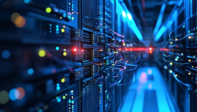 The image shows rows of servers with numerous cables in a dark data center, illuminated by blue and red lights.