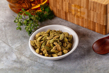 Green dry cardamom heap spices aroma