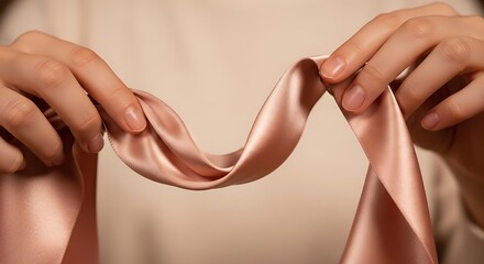 Hands holding a shimmering pink silk ribbon, showcasing its smooth texture.