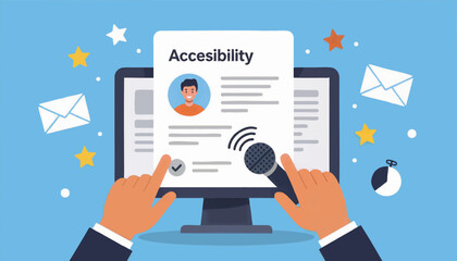 A concept illustration of web accessibility and inclusive design. First-person view of a user interacting with a computer using assistive technology. Flat vector graphic for UI and UX design.