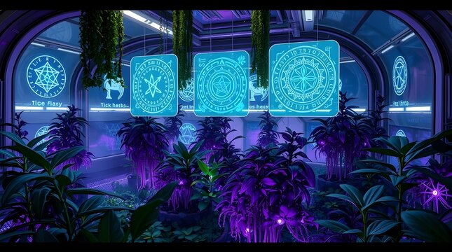 A futuristic greenhouse filled with magic herbs and bioluminescent plants suspended in mid-air, surrounded by a zero-gravity environment, with intricate runes and mystical symbols displayed on shimmer