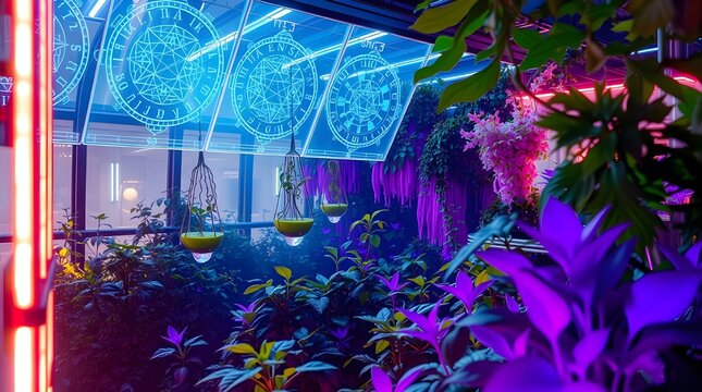A futuristic greenhouse filled with magic herbs and bioluminescent plants suspended in mid-air, surrounded by a zero-gravity environment, with intricate runes and mystical symbols displayed on shimmer
