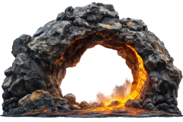 Volcanic Rock Arch With Flowing Lava. Natural Geological Formation And Eruption Dynamics. Isolated On Transparent Background