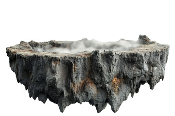 Fototapeta premium Floating Rocky Island With Misty Crater. Fantasy Landscape And Geological Formation. Isolated On Transparent Background