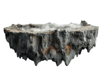 Floating Rocky Island With Misty Crater. Fantasy Landscape And Geological Formation. Isolated On Transparent Background