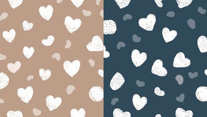 Adorable Sketchy Love-Themed Endless 2D Design Featuring White Hearts on Soft Cream, Muted Brown, and Deep Blue Shades. Playful Childlike Pattern for Repeated Use.