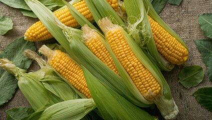 Close-up of fresh corn cobs on a textured surface, top-down perspective, highlighting summer, nature, and farm themes