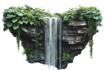 Floating Island With Lush Waterfall And Verdant Foliage. Nature'S Serenity And Tranquility. Isolated On Transparent Background