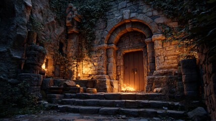 Fototapeta premium Mysterious Medieval Dungeon Entrance Illuminated by Warm Firelight Surrounded by Ancient Stone Walls and Lush Greenery