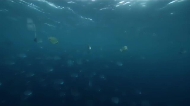Underwater view with fish swimming in azure water with sunlit surface. Light creates patterns
