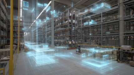 Futuristic Warehouse with Digital Overlay Visualization of Inventory Management and Logistics System Integration in Modern Storage Facility