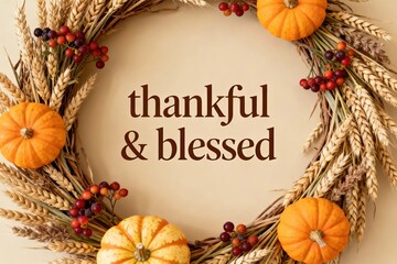 Wreath of mini pumpkins, wheat and berries with “thankful & blessed” message on beige background. A ready Thanksgiving greeting background for cards, posters, church bulletins, and social media.