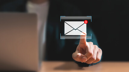 Notification and opening email from laptop. Concept of communication and news for marketing. Email icon. Business communication. Send information in digital format.	