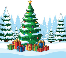  Isolated Vector cartoon illustration of winter forest panorama with Christmas tree and gifts.