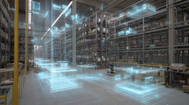 Futuristic Warehouse with Digital Overlay Visualization of Inventory Management and Logistics System Integration in Modern Storage Facility
