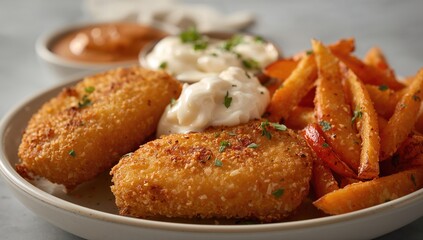 Oven-Baked Sweet Potato Fries and Fish Sticks served with tartar dip