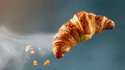 Flaky and Delicious Croissant Floating in the Air Surrounded by Crumbs and Ethereal Smoke Effects