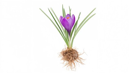 Fototapeta premium Crocus bulb with roots, green shoots, and a purple bloom on a white background