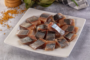 Salted herring fillet pieses snack