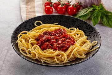 Italian pasta spaghetti bolognese with minced beef meat and tomato sauce