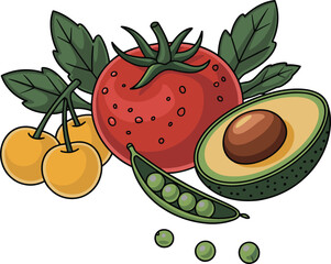 Fresh fruits and vegetables, colorful healthy food illustration, organic produce, tomato, avocado, peas, cherries, plant based diet, vibrant nutrition