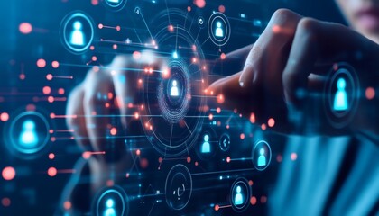 A person's hand is shown interacting with a digital interface that displays a network of interconnected user profiles, symbolizing connections and data flow.