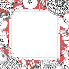 Obraz premium Square frame of apples, apple pies, tarts or cakes, cinnamon, vanilla, anise stars ink drawings on red background and copy space. Hand-drawn illustrations for baking-themed design goods, postcards
