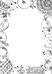 Rectangular frame of apples, apple pies, tarts or cakes, cinnamon, vanilla, anise stars ink drawings on white background. Hand-drawn illustrations for baking-themed design goods, postcards