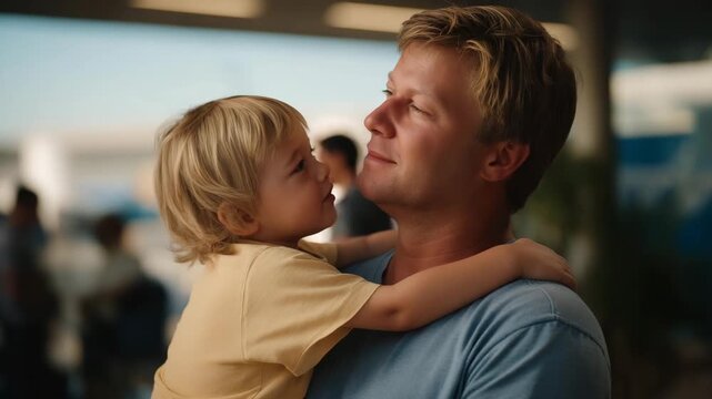 Father gently holding adopted toddler in his arms at airport arrival, emotion of pride and happiness captured, symbolizing reunion, cross-border adoption, and global compassion through family