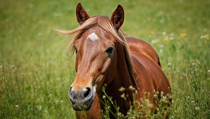 Fototapeta premium Detailed view of a chestnut horse's face