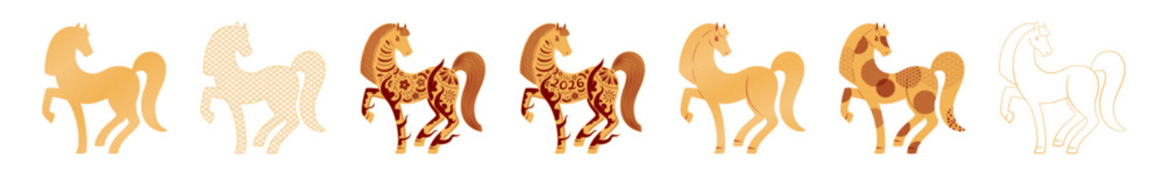 2026 Lunar New Year horse zodiac sign collection, Chinese patterns, paper cut, silhouette, red and gold. Isolated clip art. Flat, line art vector illustration. Traditional holiday design elements set