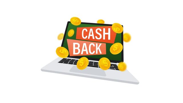 Cashback Concept with Laptop and Gold Coins on White and Green Screen