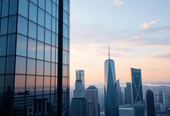 Sleek glass and steel skyscraper exterior reflecting city skyline, facade, abstract