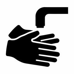 A simple black and white icon representing washing hands under a faucet