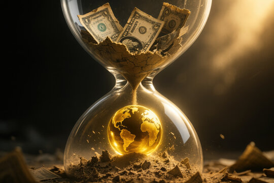 Global currency reset concept, hourglass sand money collapse golden earth finance crisis macro economy shadow dramatic