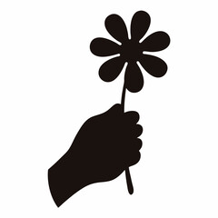 Silhouette of a hand holding a flower with soft curvy petals.