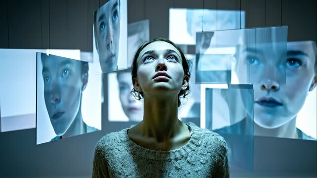 Digital Introspection: Woman Amidst Floating Screens Exploring Self and Identity in Solitude