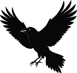 Obraz premium Majestic Raven Silhouette in Flight Spreading Wings Wide Against White Background Symbolic of Freedom and Mysticism Raven Symbolism