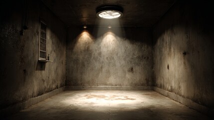 Fototapeta premium Dimly Lit Solitary Confinement Room with Scratched Walls and a Spotlight Above Casting Dramatic Shadows on the Floor