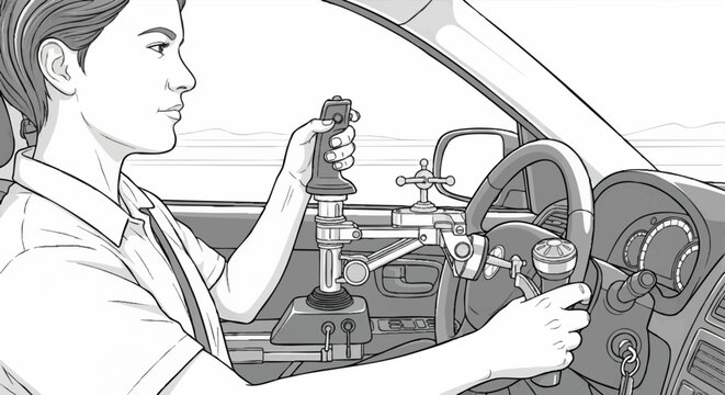 A person using hand controls to drive a modified car. Adaptive driving and accessibility for people with disabilities concept. Detailed black and white line art vector illustration