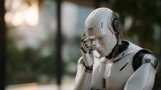 Humanoid robot learning to interpret human emotions through visual sensors, symbolizing adaptive intelligence, emotional computing, and realistic AI behavioral design. cinematic color correction,