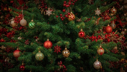 Festive red glass ornaments hanging on a holiday pine tree