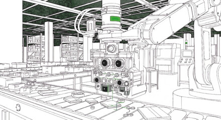 Fototapeta premium Detailed line art vector of a specialized robotic arm in a factory. Industrial automation and manufacturing concept. Modern production line illustration