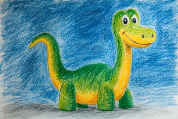 Green and yellow cartoon dinosaur smiling on a textured blue background, looking happy